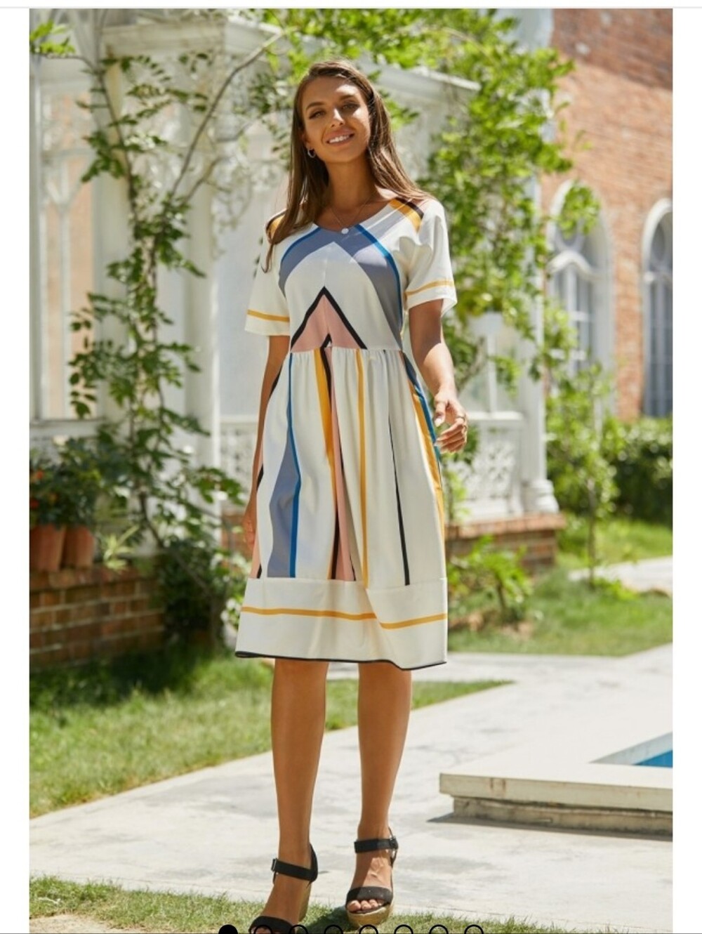 Piper & Scoot Graceful Striped Round Neck Midi Dress Size L